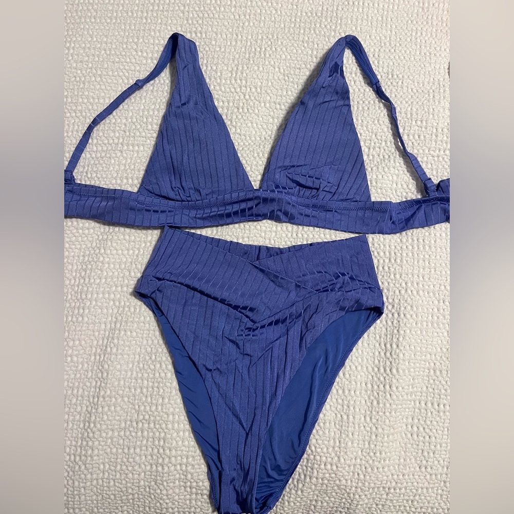 Aerie Swim High Waisted Blue Ribbed Bikini Set